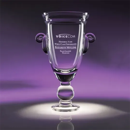 World Class Hand-Blown Crystal Cup Award with Etched Globe Stem