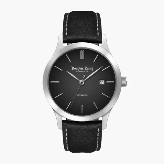 40mm Steel Automatic Watch with Date Display and Leather Strap
