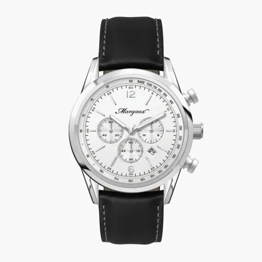 42mm Steel Chronograph Watch with White Dial and Leather Strap