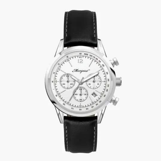 34mm Steel Chronograph Watch with White Dial and Leather Strap