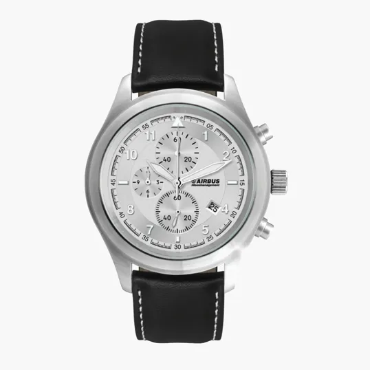 44mm Steel Matte Silver Chronograph Watch with Leather Strap