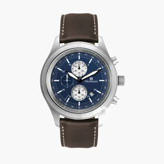 44.2mm Stainless Steel Brushed Silver Chronograph Watch with Brown Leather Strap