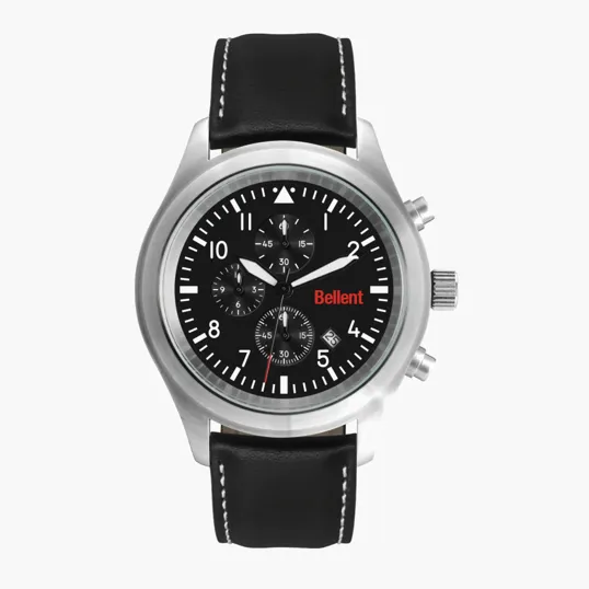 44mm Steel Matte Silver Chronograph Watch with Leather Strap