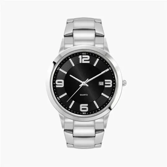 Men's Silver Stainless Steel Case Watch with Black Sunray Dial