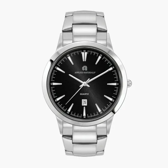 43mm Steel Silver Case Watch with Black Dial and Date Display