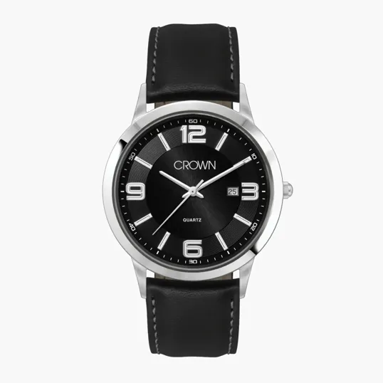43mm Steel Case Watch with Black Dial and Leather Strap