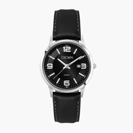Steel Silver Case Watch with Black Dial and Leather Strap