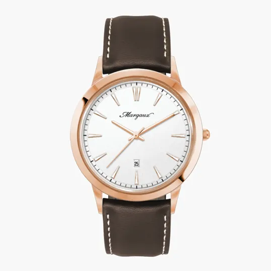 Steel Rose Gold Watch with White Dial and Leather Strap