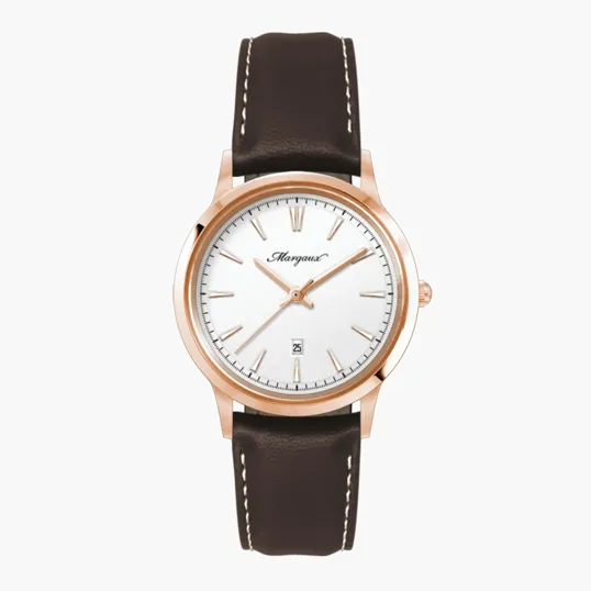 22mm Steel Rose Gold Watch with White Dial and Leather Strap