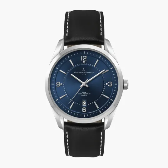 42mm Metal Silver Case Watch with Blue Dial and Leather Strap