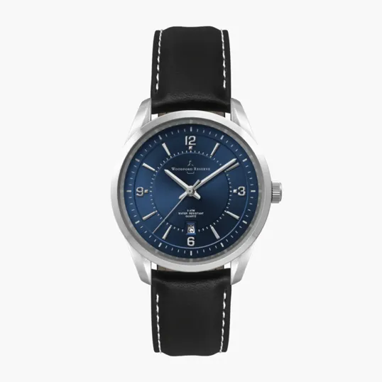 33mm Silver Metal Case Watch with Blue Dial and Leather Strap