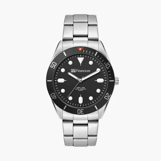 42mm Brushed Silver Metal Case Watch with Black Bezel