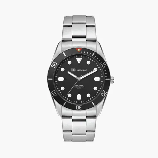 34mm Silver Metal Watch with Black Bezel and 3-Hand Movement