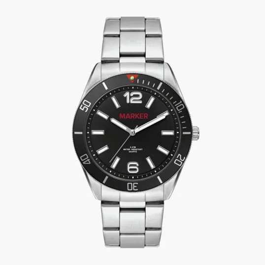 42mm Matte Silver Metal Watch with Black Dial and Rotating Bezel