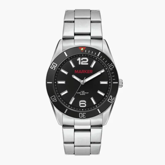 22mm Matte Silver Stainless Steel Watch with Black Dial and Rotating Bezel