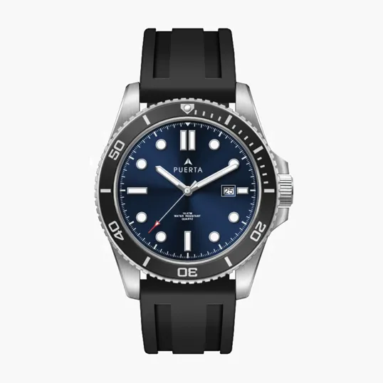 42.5mm Steel Silver Case Watch with Blue Dial and Silicone Strap