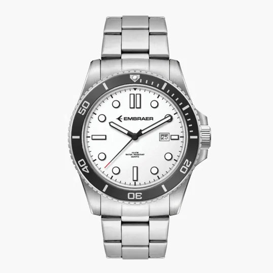 42.5mm Steel Silver Case Watch with White Dial and Rotating Bezel