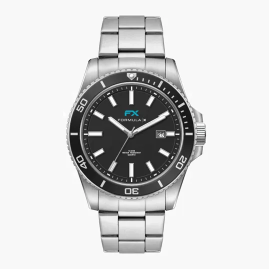 42.5mm Steel Silver Case Watch with Black Dial and Rotating Bezel