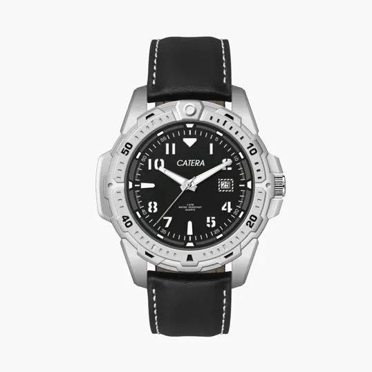 45mm Matte Silver Metal Watch with Black Dial and Leather Strap