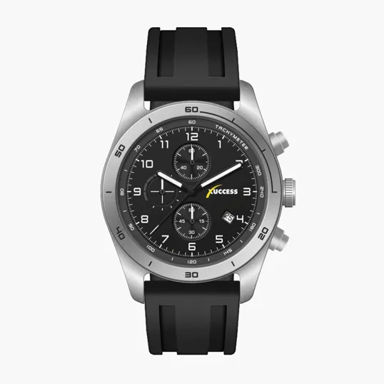 42mm Steel Matte Silver Chronograph Watch with Black Dial