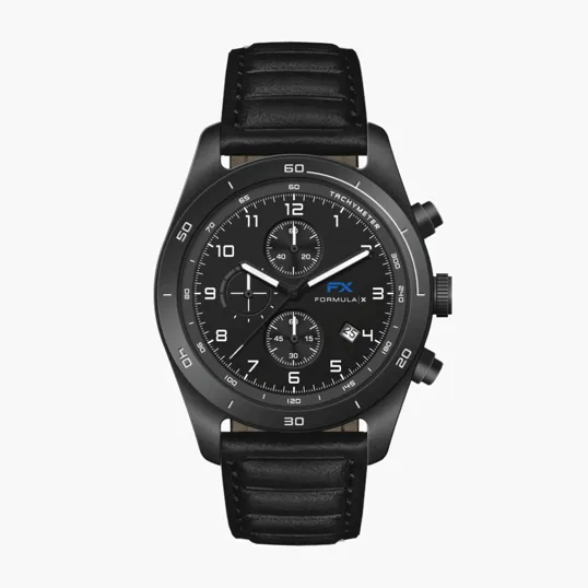 42mm Steel Black Chronograph Watch with Leather Strap