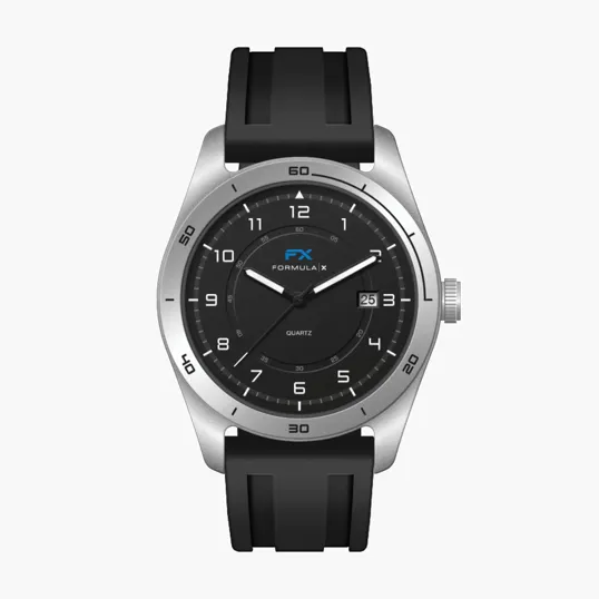 42MM Steel Matte Silver Case Watch with Black Dial and Silicone Strap