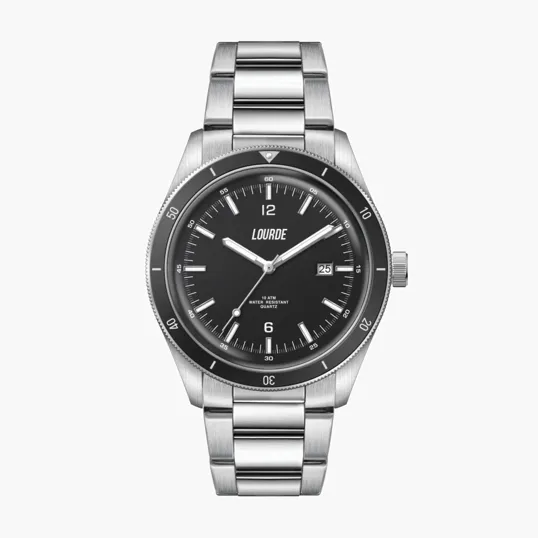 41mm Steel Silver Case Watch with Black Dial and Rotating Bezel