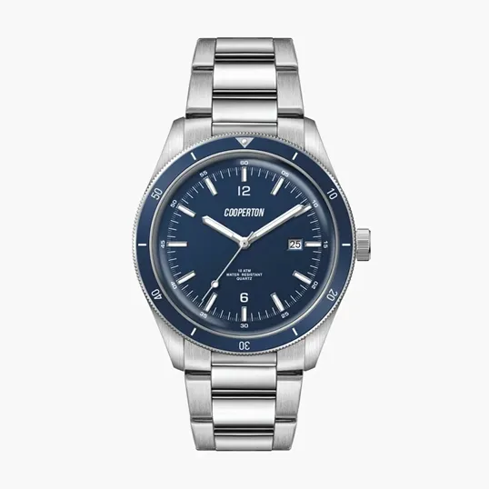 41mm Steel Silver Case Watch with Blue Dial and Rotating Bezel
