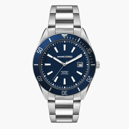 42mm Steel Automatic Watch with Blue Dial and Rotating Bezel