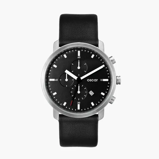 44mm Steel Chronograph Watch with Leather Strap