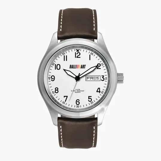 44mm Steel Matte Silver Case Watch with White Dial and Leather Strap