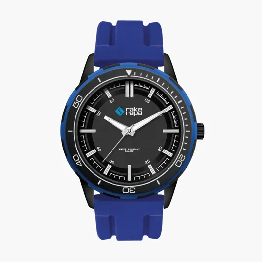 43.5mm Metal Black Case Watch with Blue Ring and Silicone Strap