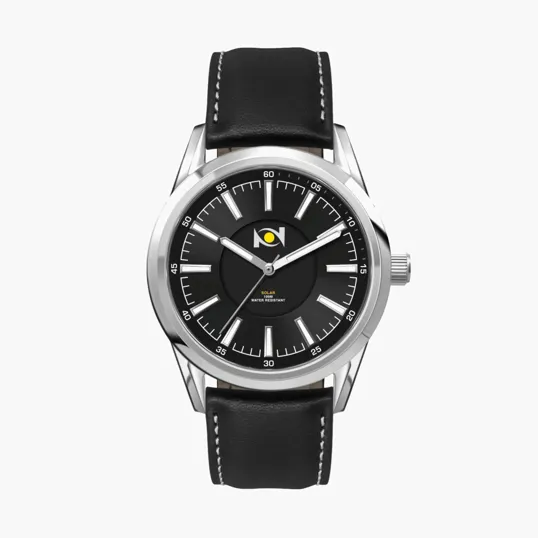 42mm Stainless Steel Solar Watch with Black Leather Strap