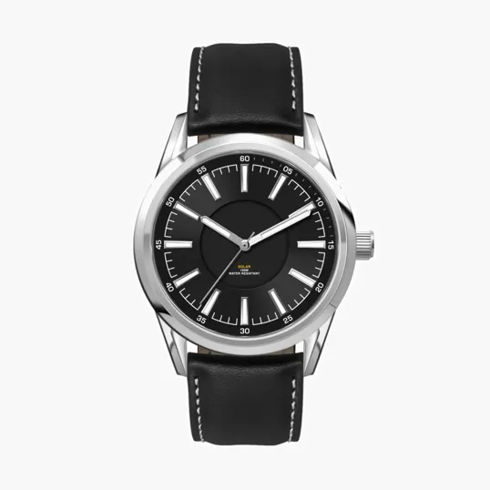 42mm Stainless Steel Solar Watch with Black Leather Strap — view 2