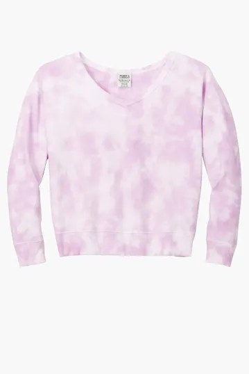 Port & Co Women's Beach Wash Cloud Tie-Dye V-Neck Sweatshirt — view 3