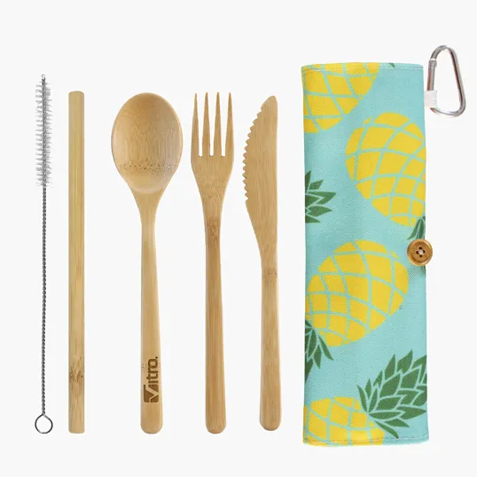 Take-Along Bamboo Flatware Utensil Roll with Pineapple Design