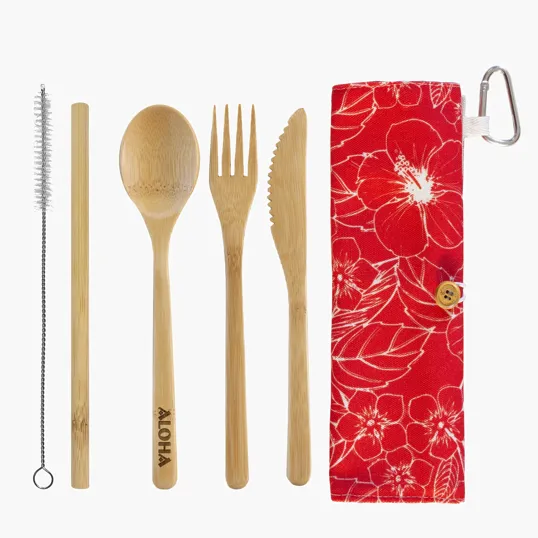 Totally Bamboo Take-Along Flatware Utensil Roll, Red Hibiscus